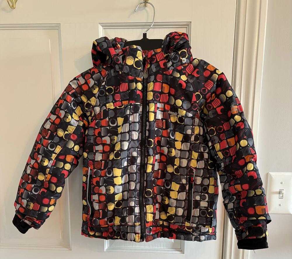 Kamik Jacket Kids 4 Black Multicolor Geometric Hooded Fleece Lined Winter Snow